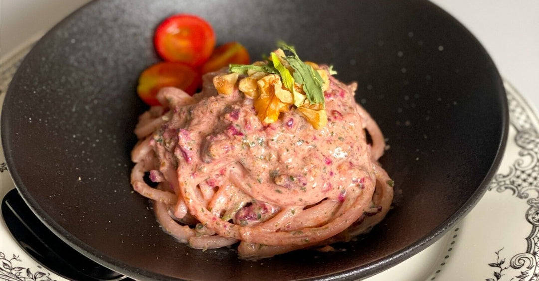 乾燥ほうれん草のレシピ ビーツとほうれん草の豆乳クリーム冷製パスタ